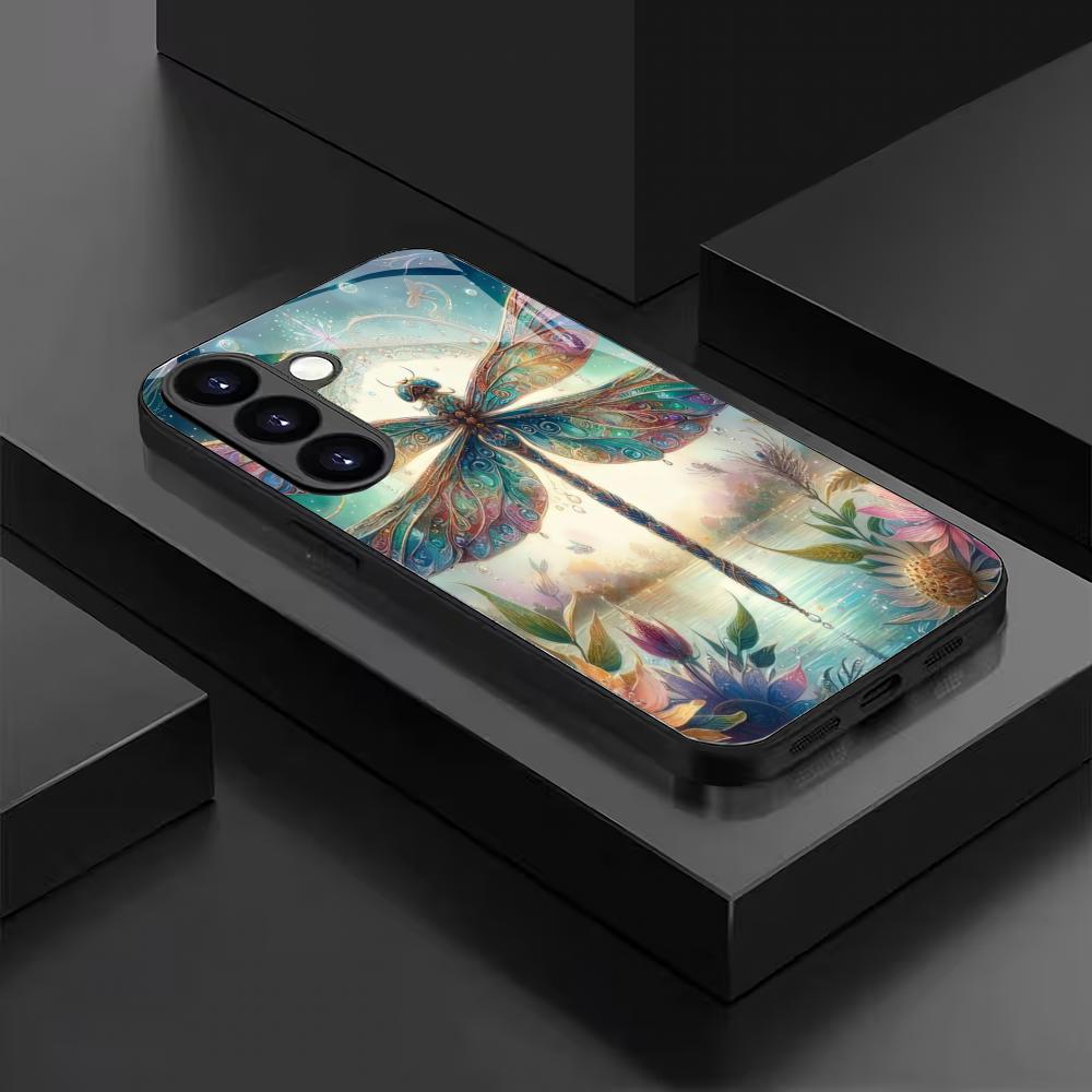 Dragonfly pattern tempered glass phone case suitable for Samsung GalaxyS26 S25 S24 S23 S22 S20FE/Ultra/Plus anti drop back cover