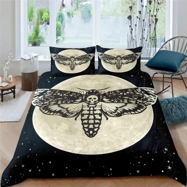 Schwarzer Tod Motte Bettwäsche Set Gotisches Totenkopf Bettbezug Set Schmetterling Bettwäsche 2/3 Stück Mond Sterne Luxus Heimtextilien