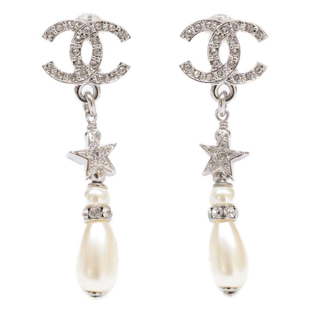 CHANEL C25 CC Logos Star Rhinestone Drop Pearl earring SVHardwareUsed