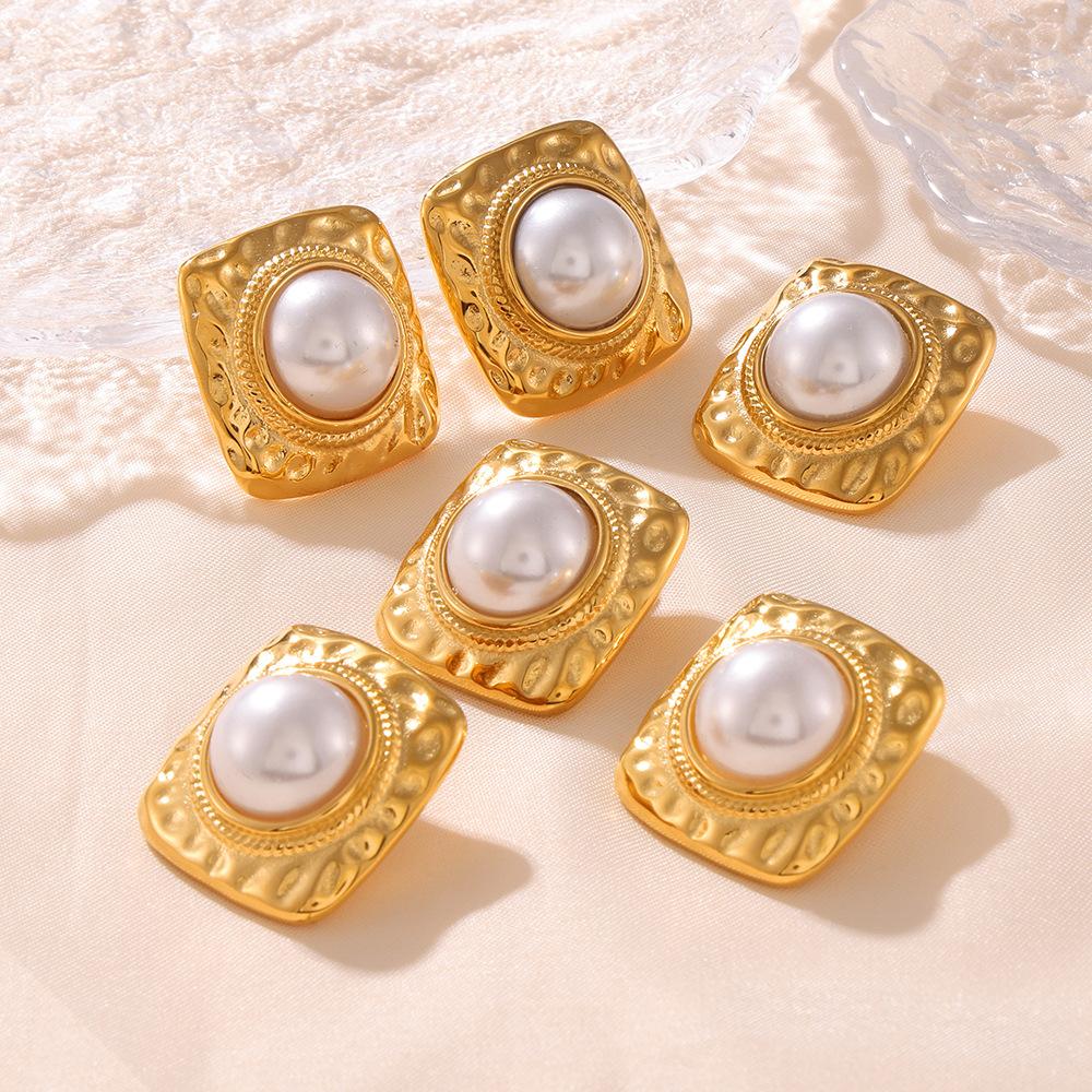 French Court Style Retro Square Karst Imitation Pearl Stud Earrings Temperament Titanium Steel Plated 18k Real Gold Earrings Women