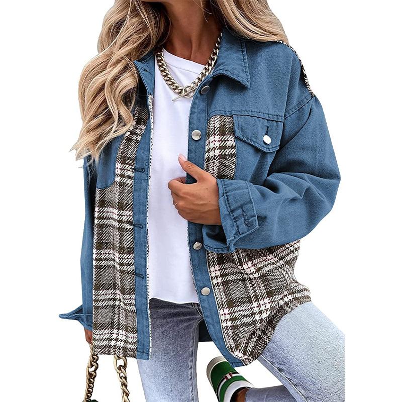 Denim Jacket Checkered Button Up Shirt Jacket Women's Patchwork Jacket Warm Comfortable Commuter Long Sleeved Shirt Autumn Winter