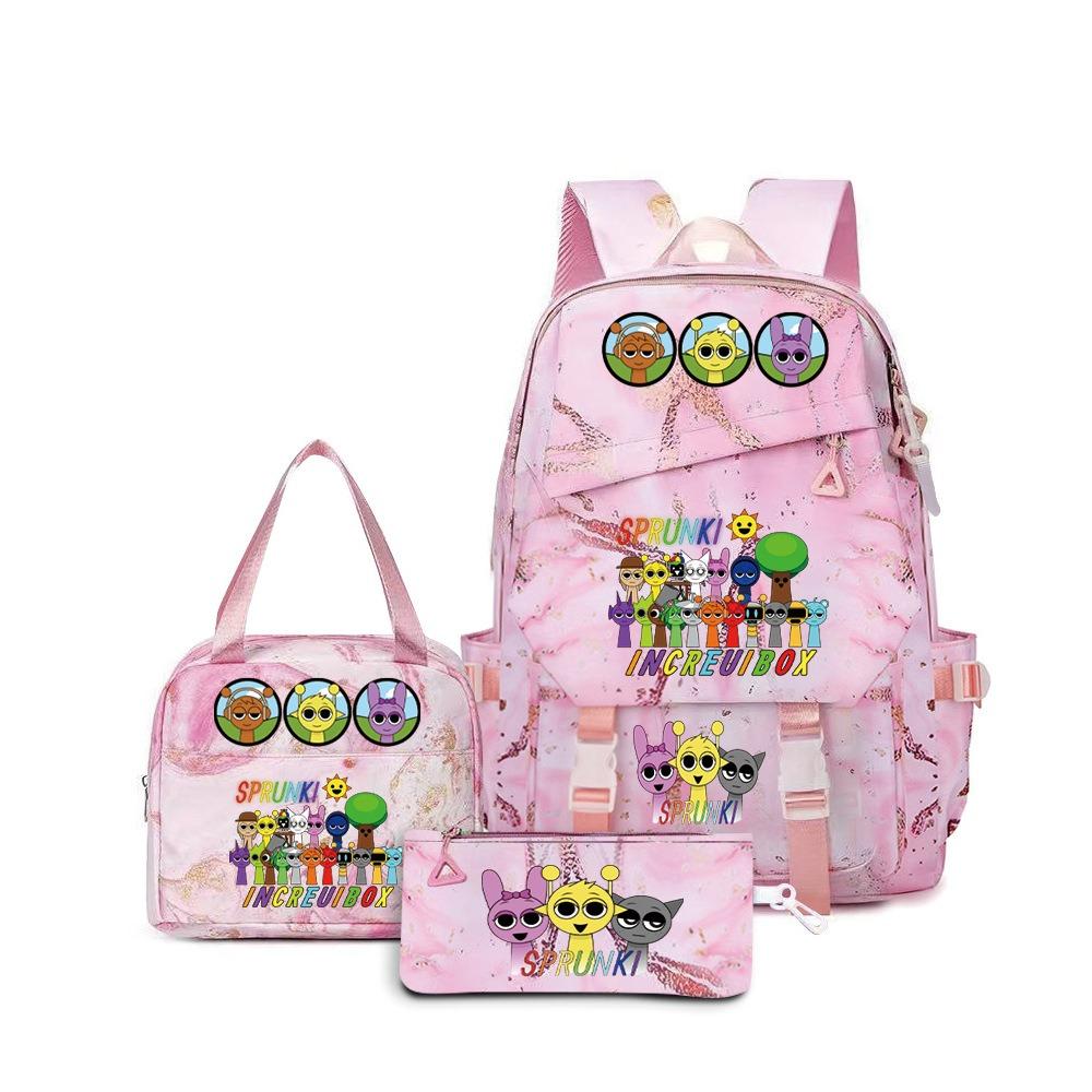 Rhythm box music game heat transfer backpack Sprunki pink schoolbag portable lunch bag stationery pencil case D