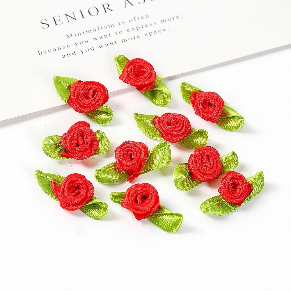 50/100PCS Mini Handmade Rose Flower Satin Ribbon Rosettes Fabric Appliques For DIY Wedding Decoration Craft Sewing Accessories