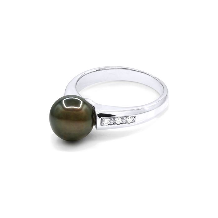 Bague - Pearls & Colors - Perle de Culture de Tahiti 8-9 mm Ronde - Or Blanc 375/1000 - Qualité A+ - Diamant - Femme