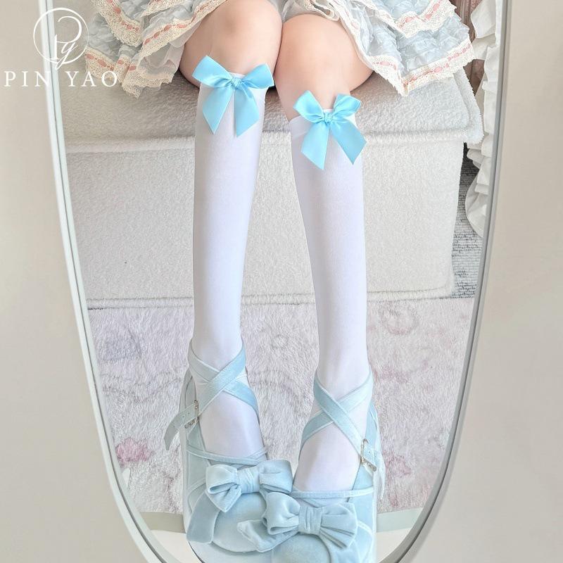 Japanische Blaue Schleife Samt Lolita Over-the-Knee Socken