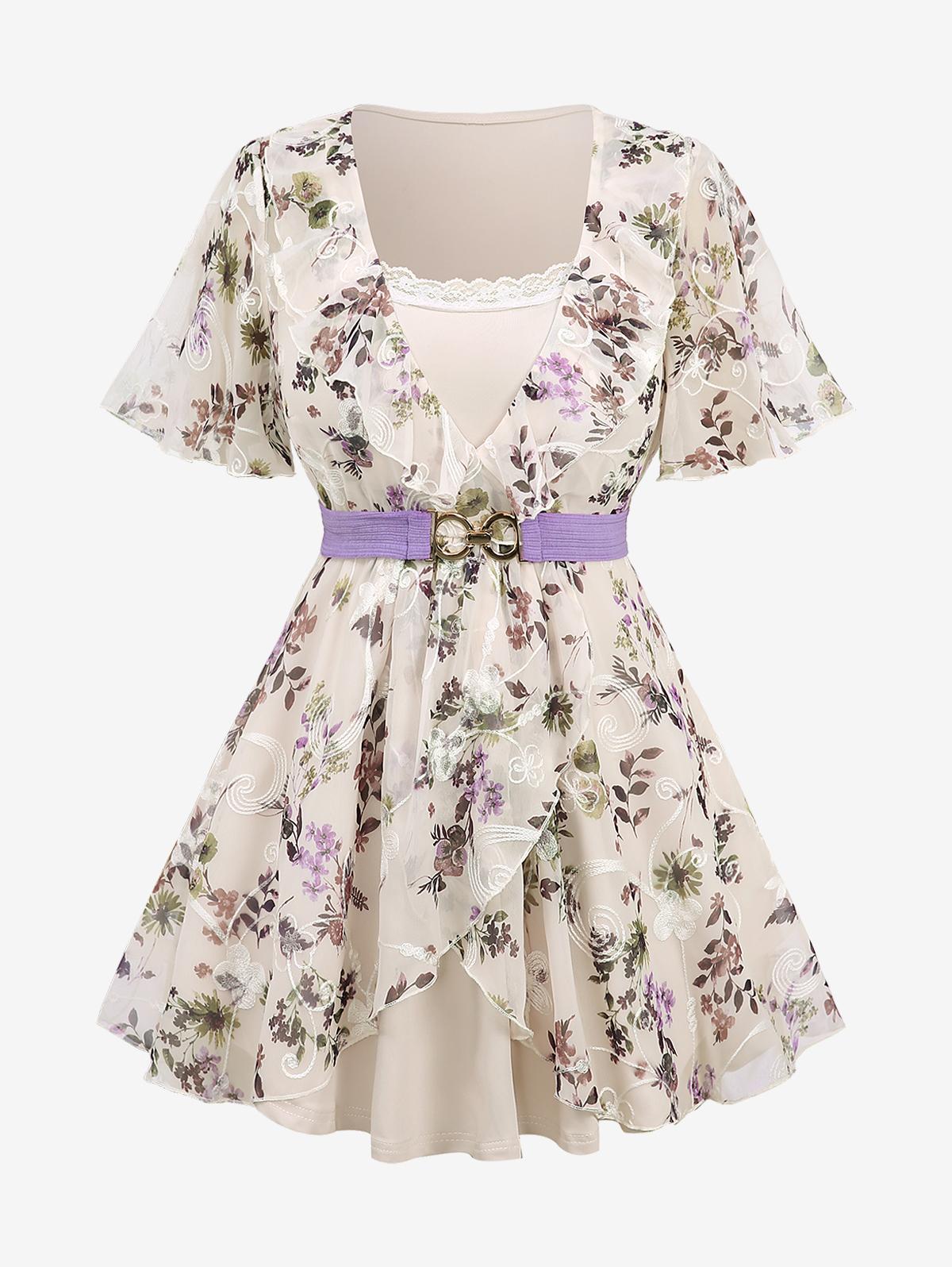 

Rosegal Plus Size 2 в 1 шифоновый топ с поясом, рукавами-крылышками, цветочной вышивкой, оборками и многослойной кружевной отделкой L света кофе