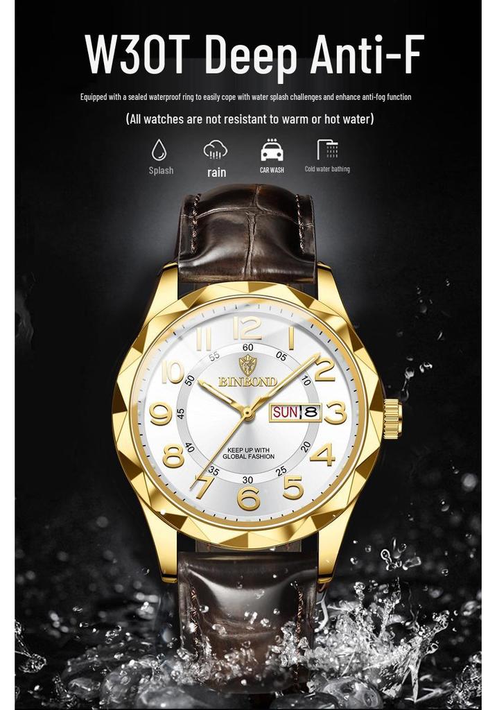 Binbang Ultra-thin Luminous Men's Quartz Watch - Automatic Movement, Waterproof with Calendar, Leather Strap, Business & Fashion Style.