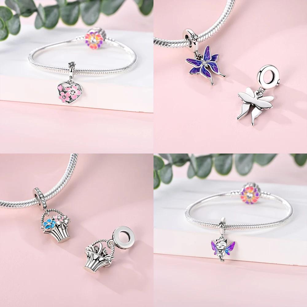 Original Copper Butterfly Clover Pendant Pink Flowers Bead Fit Bracelet Women Jewelry Diy Anniversary Fine Gift