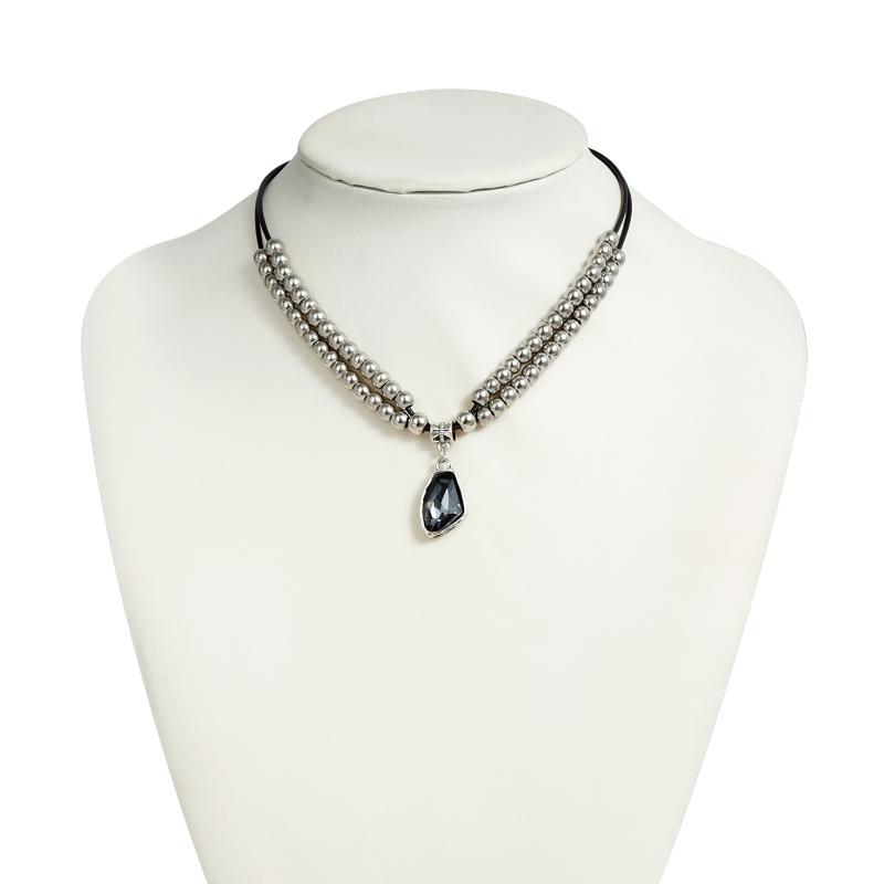 Gray  Pendant Irregular Beads Necklace For Women  Double-Layer Metal Choker Sweater Chain Party Jewelry Gift