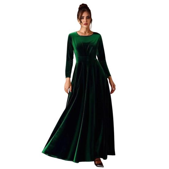 Damen Samt Maxi Kleid Lässig Rundhals Langarm A-Linien Swing Kleid Herbst Cocktailparty Formelles Kleid für Hochzeitsgast