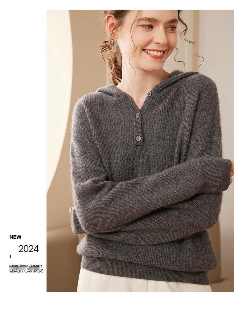 Women's 2024 Thickened Cashmere Half-Button Hoodie Sweater - Casual, Versatile Knit Outerwear