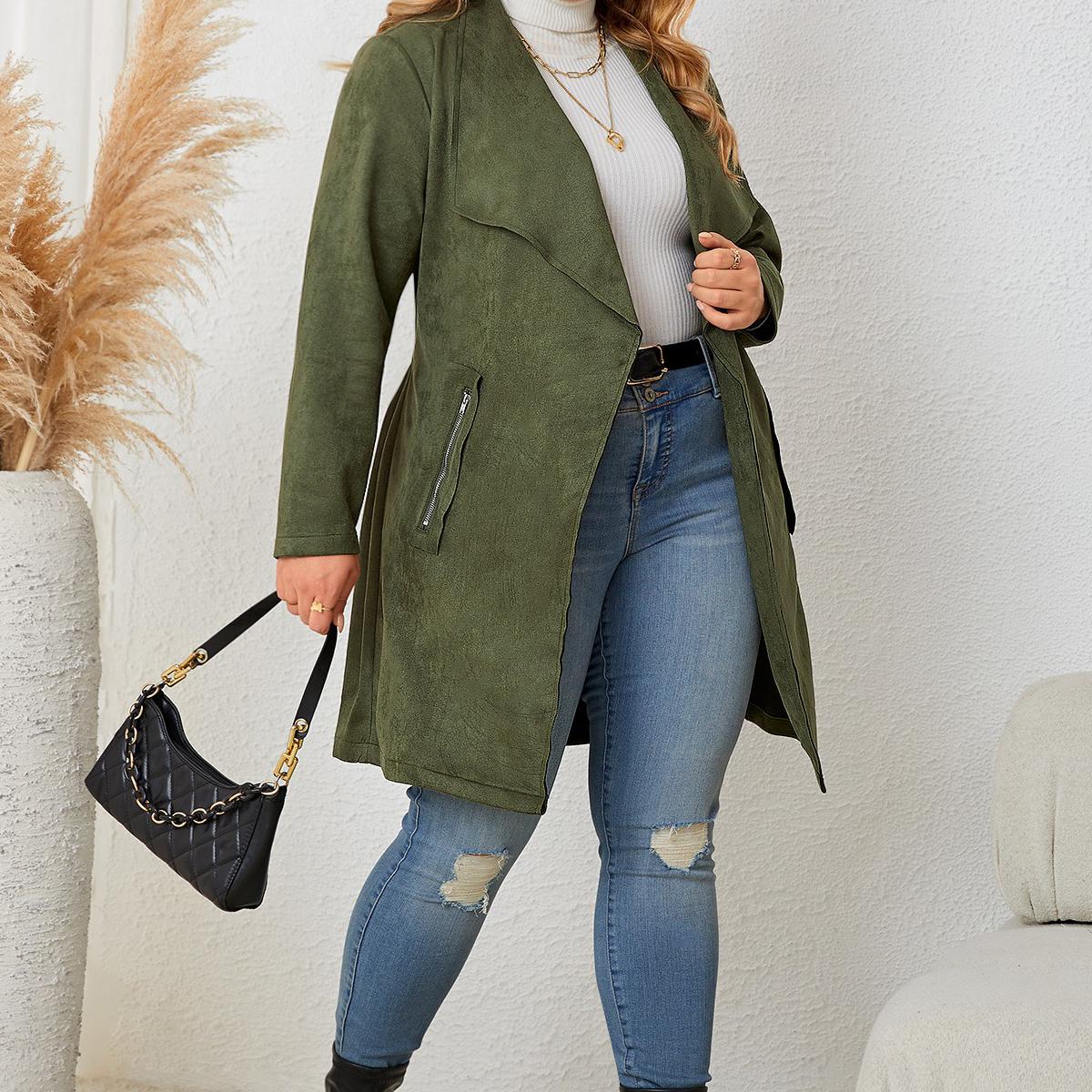 Женское однотонное пальто с завязками на талии и карманом на молнии с длинным рукавом — фото 4