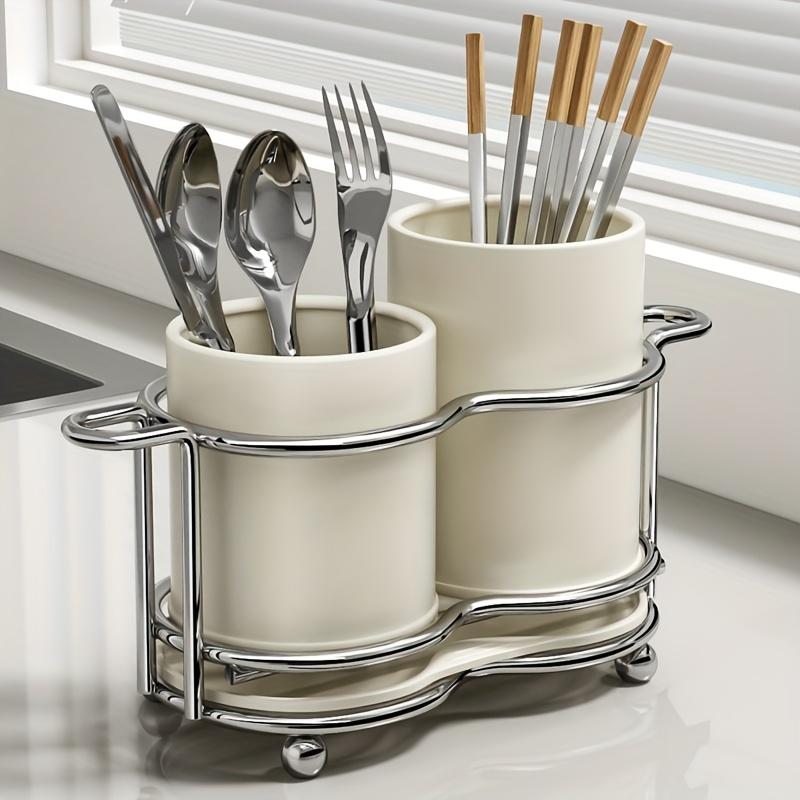 1 Piece of Utensil Rack, Silver Utensil Rack with a Metal Frame, Utensil Rack with 2 Compartments, Kitchen