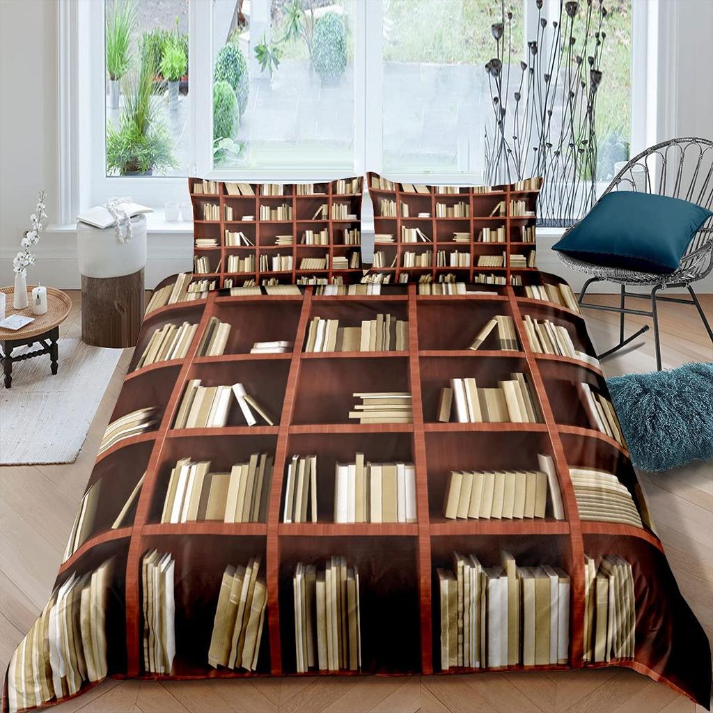 Books Lovers Gift Duvet Cover Set Full Size,Readers And Literary Lover Bedding Sets,Vintage Librarians Bookshelf Comforter Cover