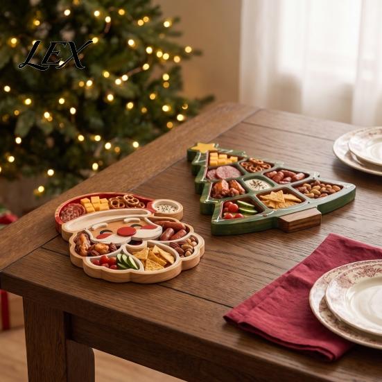 Festive Fruit Dish with Compartments Christmas Tree Serving Platter, Wooden Snack Tray for Holiday Parties, Multi-Compartment Food Display Creative