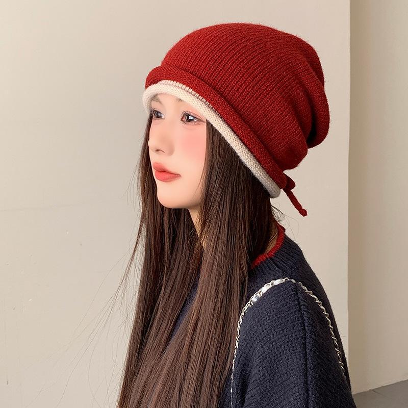 

Color blocked Curled Knitted Hat for Women in Winter Versatile Warm Ear Protection Thickened Woolen Hat Korean Style Face-showing Small Toe Cap one size