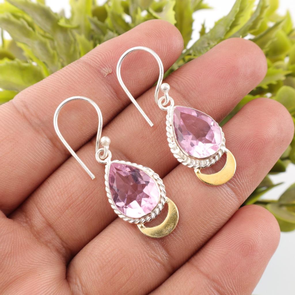 Morganite Gemstone 925 Sterling Silver Jewelry Handmade Two Tone Earrings 1.5" EE-162-11