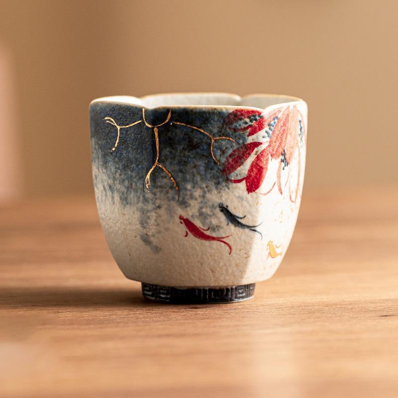 Blue and White Flint Red High-end Master Cup with Gold Stroke Hand-painted Lotus Rhyme, Koi Fish, Hexagonal Cup, Ceramic Tea Cup