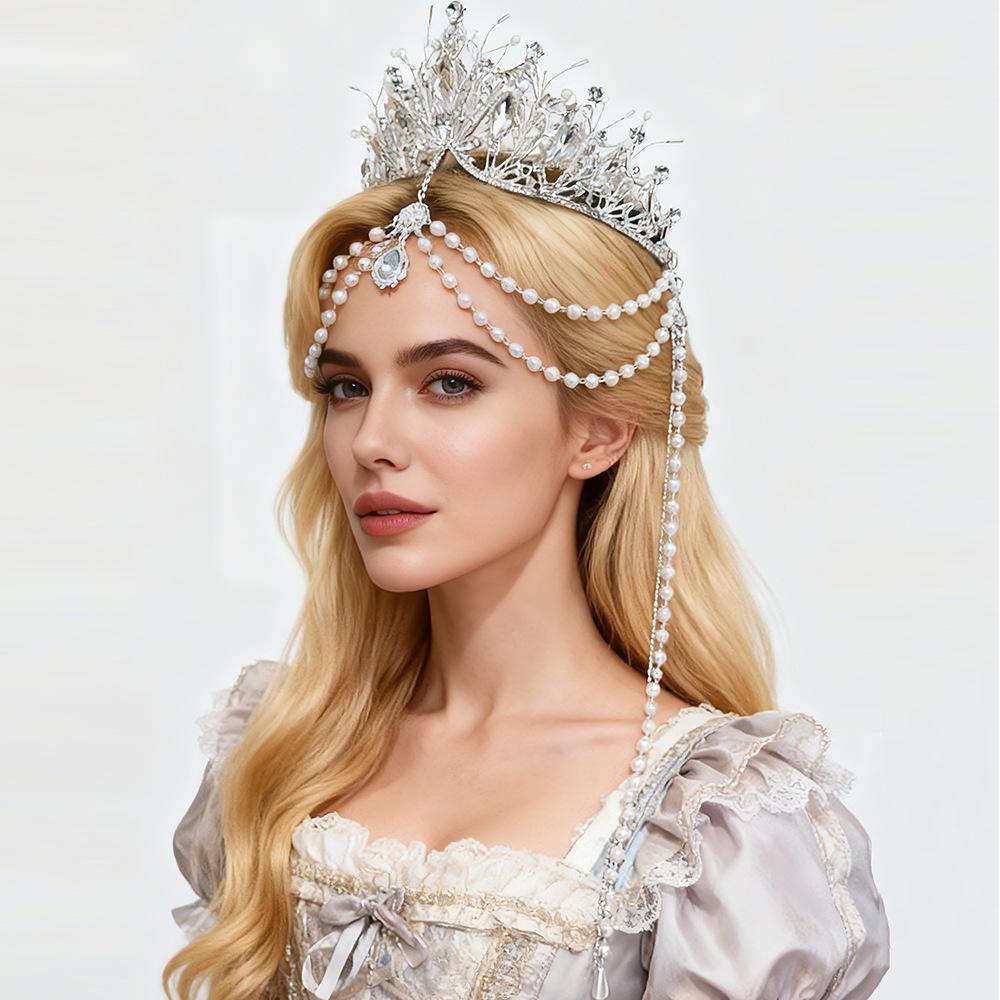 Princess Rhinestone Crown with Pearl Tassels - Virgin Mary Tiara for Bridal & Photography