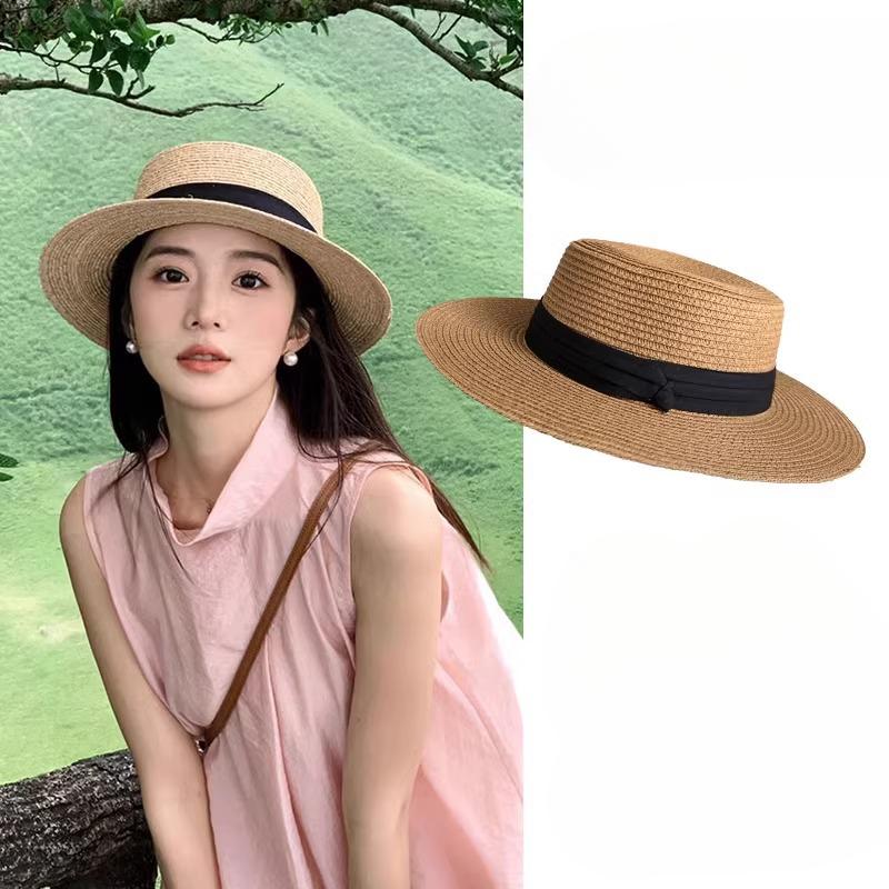 Women's French Style Flat Top Straw Hat Large Head Circumference Flat Brim Seaside Beach Vacation Dress Hat Plus Size Woven Formal Hat