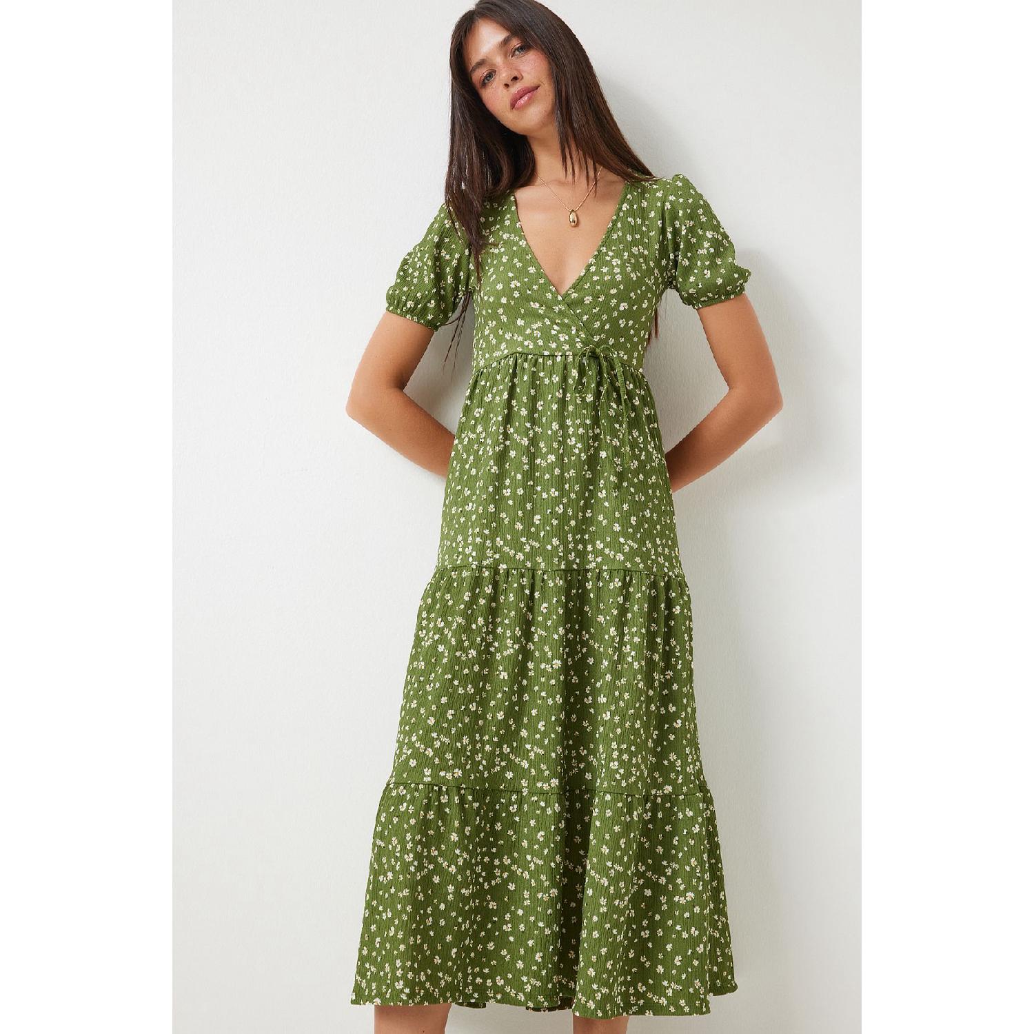 

Летнее вязаное платье с запахом и цветочным принтом цвета хаки 36