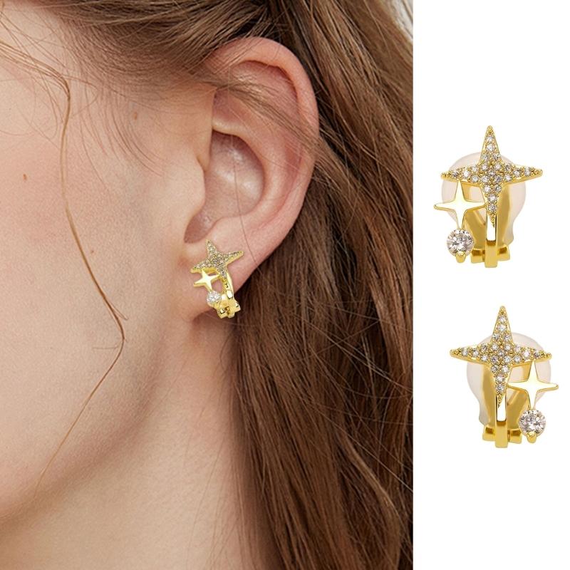 Shimmering Zircon Star Ear Clips Women Cuff Earrings Easy to Wear Copper Texture Suitable for Daily Wear and Parties