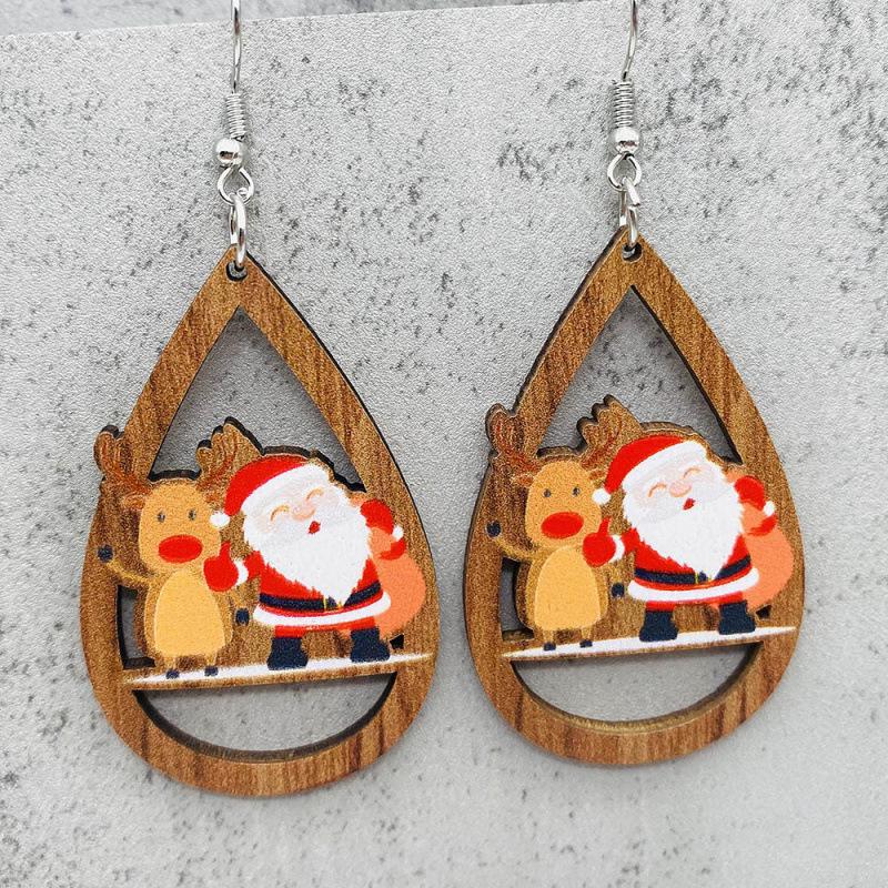 Teardrop Santa Claus Bell Car Red Ornaments: Wooden Christmas Earrings