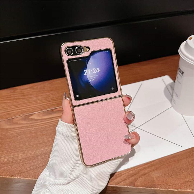 Applicable To Samsung ZFlip5 Mobile Phone Case, Lychee Pattern Electroplating Zflip3/4 Folding Protective Case p50pocketS
