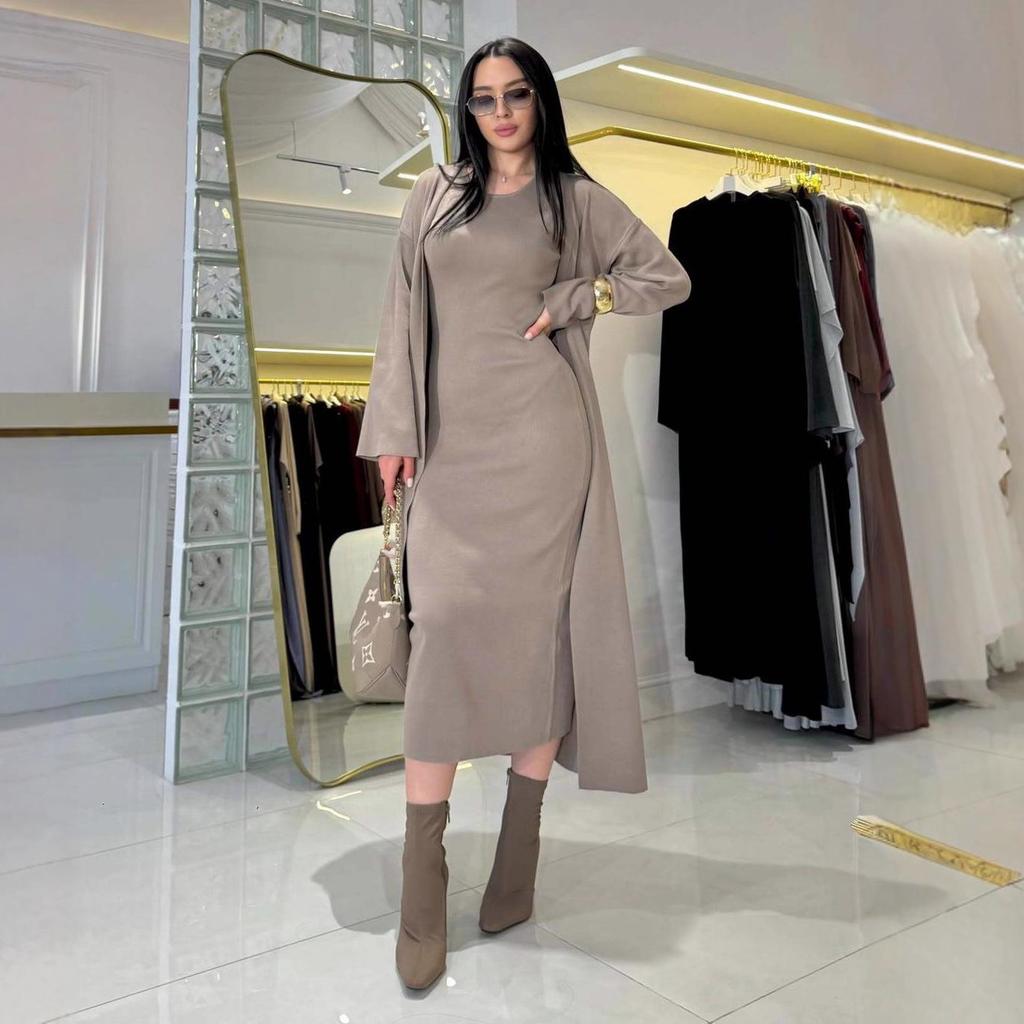 2025 Fall Women's Elegant Round Neck Long-Sleeved Knit Dress & Trench Coat Set
