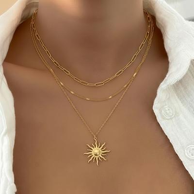 DOTIFI Stainless Steel Vintage Sun Pendant Three-Tier Necklace Women's Minimalist Fashion Collar Chain Jewellery Creative Gift
