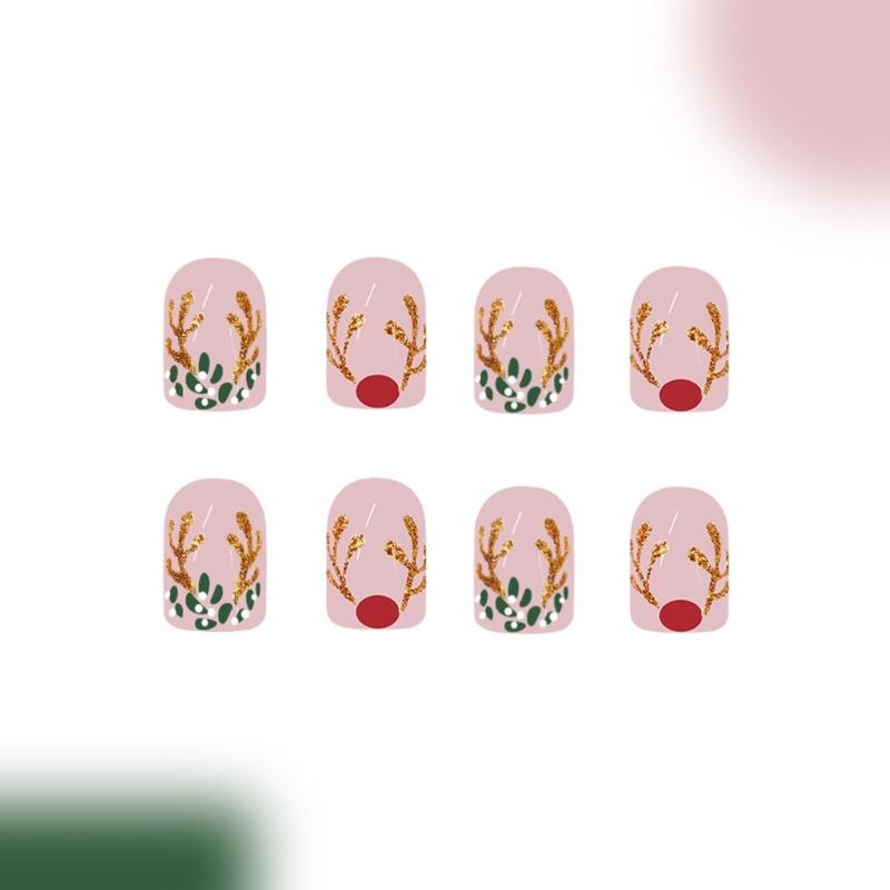 48 Pcs Candy Cane Artificial Nail Elk Full Cover Stick On Nail Christmas False Nail Short Square Press On Nail