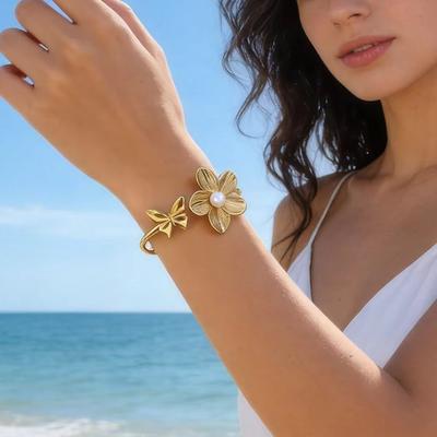 Stainless Steel Asymmetric Flower Butterfly Open Cuff Bangles for Women Gold Plated Metal Floral Bracelets Waterproof Jewelry