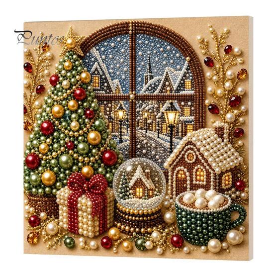Christmas Home Decoration Faux Pearl Art Kit, DIY Snowman Painting 3D Festive Living Room Accents Xmas Scenes Crafting Project for Adults Beginners,