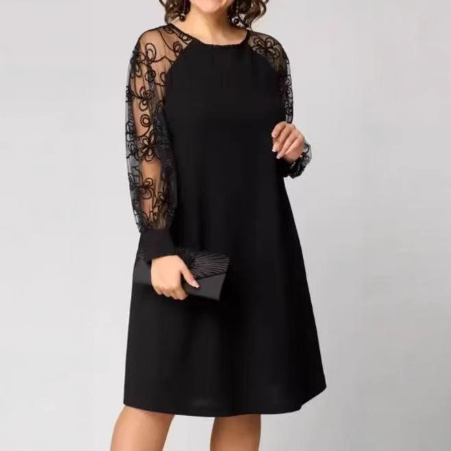 

Women Black Dress with Floral Lace Sleeves Crew Neck Long Sleeve A Line Midi Dress S чёрный