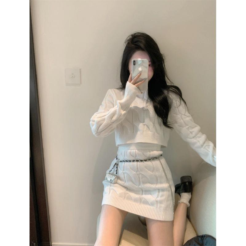 Women's Cable Knit Sweater & Skirt Set - Slim Fit Long Sleeve Top with High Waist Short Skirt