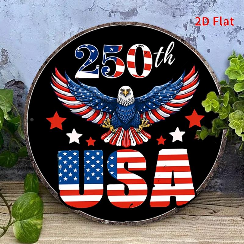 HD Tin Sign USA Th Anniversary Bald Eagle Round Metal Wall Art Patriotic American Flag Decor