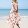 Women's Summer Casual Floral Print Short Sleeve O Neck High Waist A Line Tiered Flowy Boho Maxi Dress