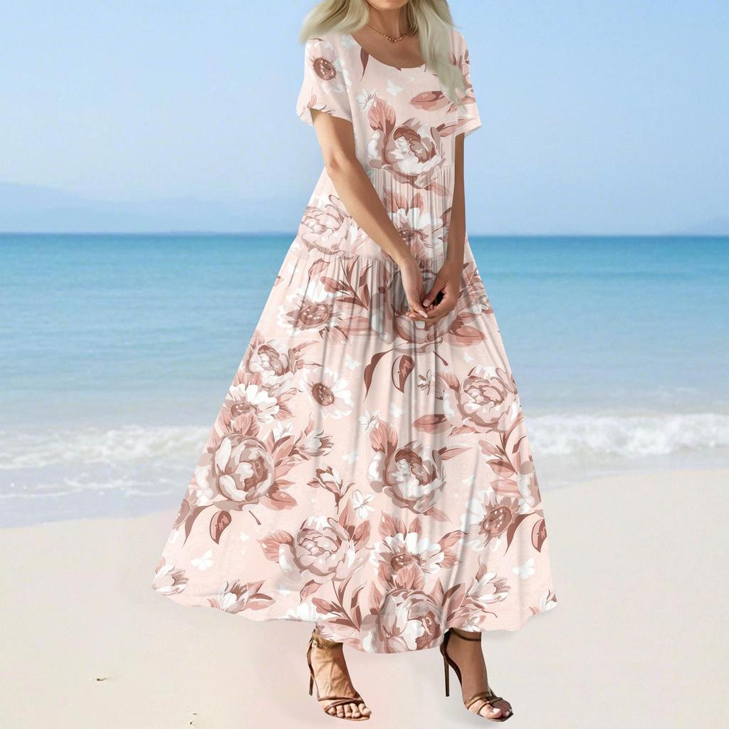 Women's Summer Casual Floral Print Short Sleeve O Neck High Waist A Line Tiered Flowy Boho Maxi Dress