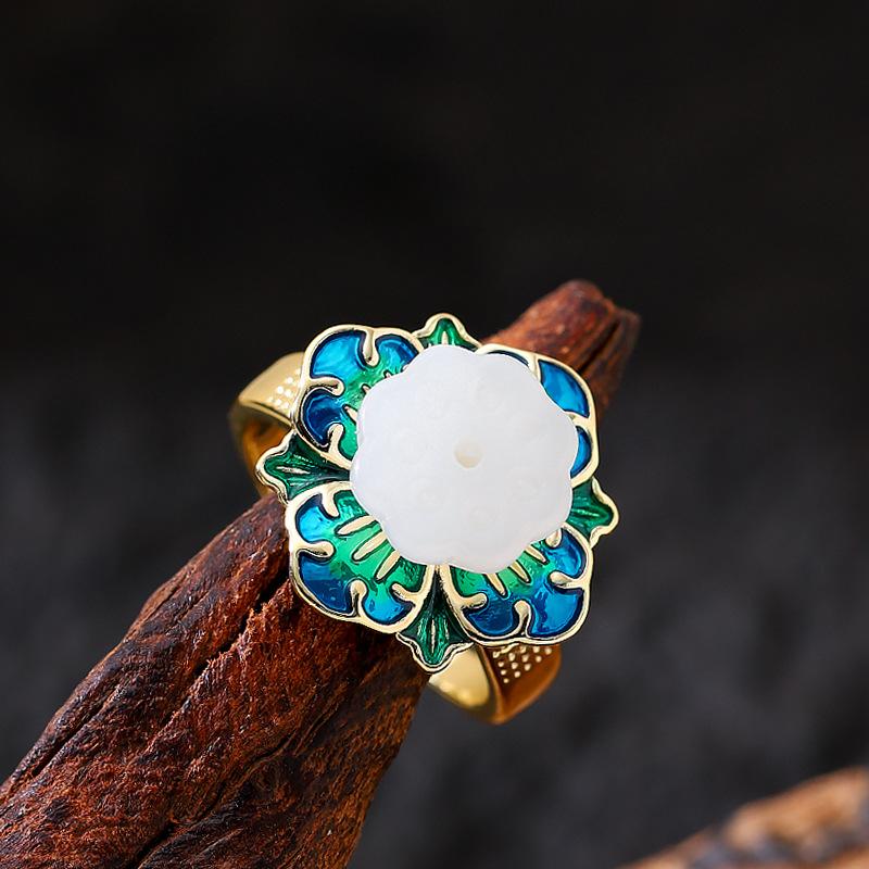 Guochao retro personalized court style enamel drop glaze three-dimensional lotus pod adjustable opening ring exquisite fashionable jewelry