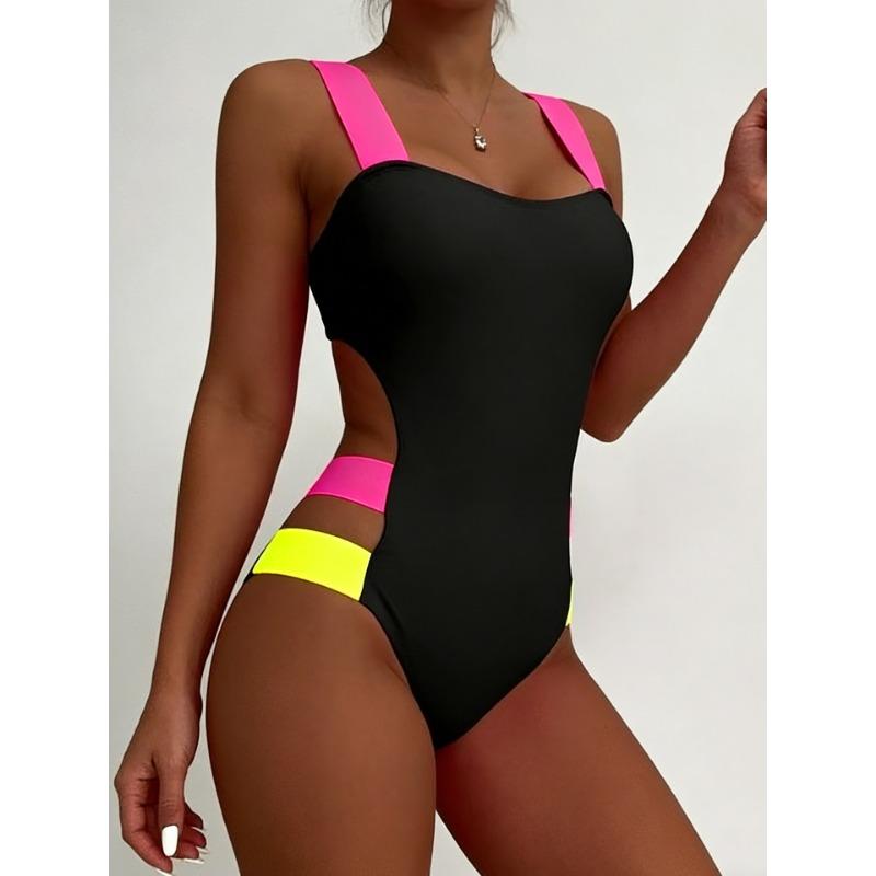 Women Sexy Color Block Backless Slim Fit One Piece Swimsuit
