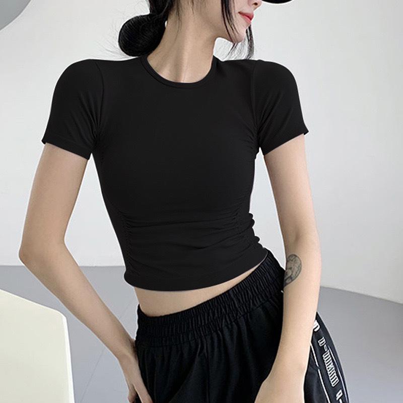 

Топ для йоги Lulu с плиссированными короткими рукавами, влагоотводящий, приталенный крой L (55-60 kg) чёрный