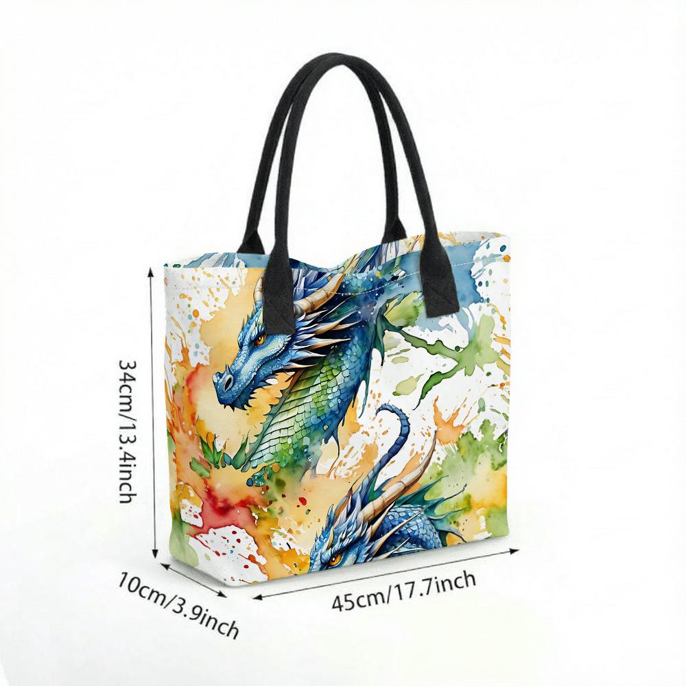  Watercolor Dragon Printed Tote Bag Fashion Casual Large Capacity Handbag for Daily Use