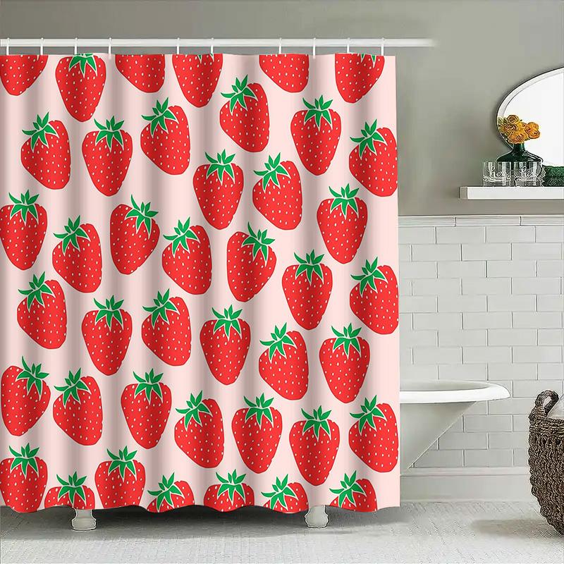 Strawberry Shower Curtain Botanical Pattern Floral Bathroom Decor Farmhouse Rustic Home Kitchen Waterproof Fabric Backdrop