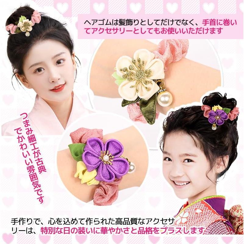 OTAKUMARKET Handmade Tsumami Zaiku Flower Hair Ties for Girls - Japanese Traditional Kimono Accessory for Shichi-Go-San, Coming of Age Ceremony,