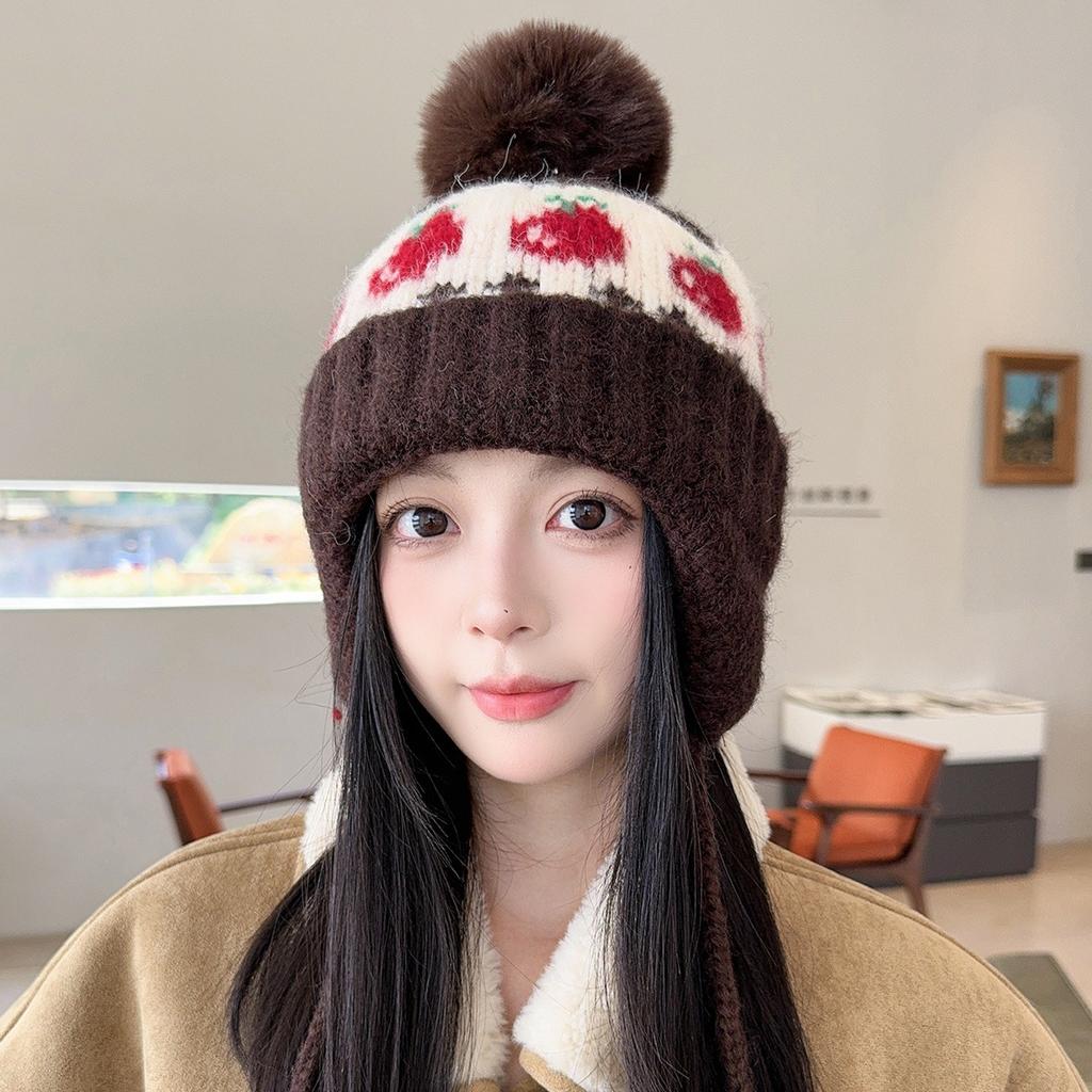 Retro ski wool hat women's autumn and winter northeast thickened warm ear protection hat hairball knitted hat winter pullover hat