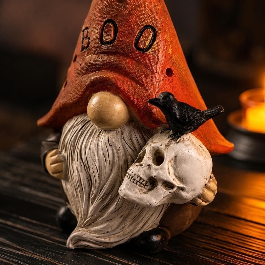 Halloween Gnome Figurine Resin Sculpture with Skull and Crow Micro Landscape Decoration for Indoor Outdoor Display