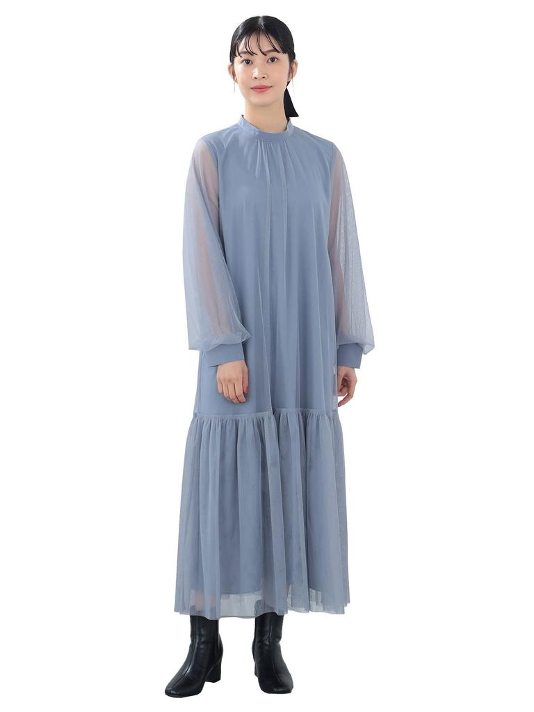Beams Heart Sheer Tiered Dress, Women's, Greyish Blue, One Size