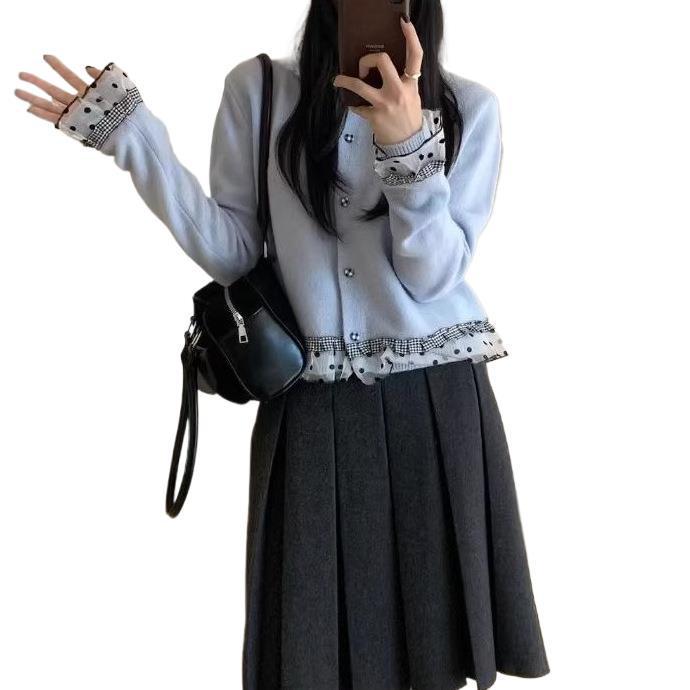 Korean Style Sweet Autumn/Winter 2025 Lace Polka Dot Knit Cardigan Women