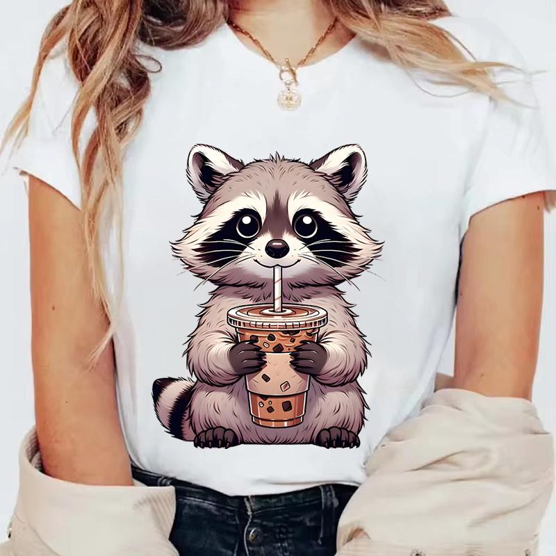 Summer Round Neck 3D Raccoon Pattern Print Top Fashionable Casual Short Sleeved Women's T-shirts