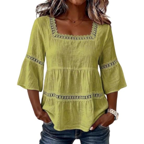 Top da Donna Scollo Quadrato Maniche 3/4 Colore Unito Vestibilità Larga Morbido Elastico Camicetta Design con Intreccio di Pizzo Top Casual per Uso Quotidiano